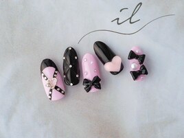 キルティングネイル×黒×ピンク
