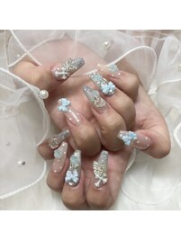 バラ×クロム×水色ネイル