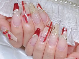 赤チェック冬ネイル