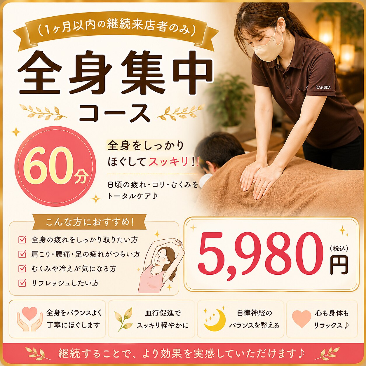 （1ヶ月以内の継続来店者のみ）全身集中コース60分 5980円