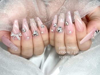 ピンクネイル リボン 韓国風