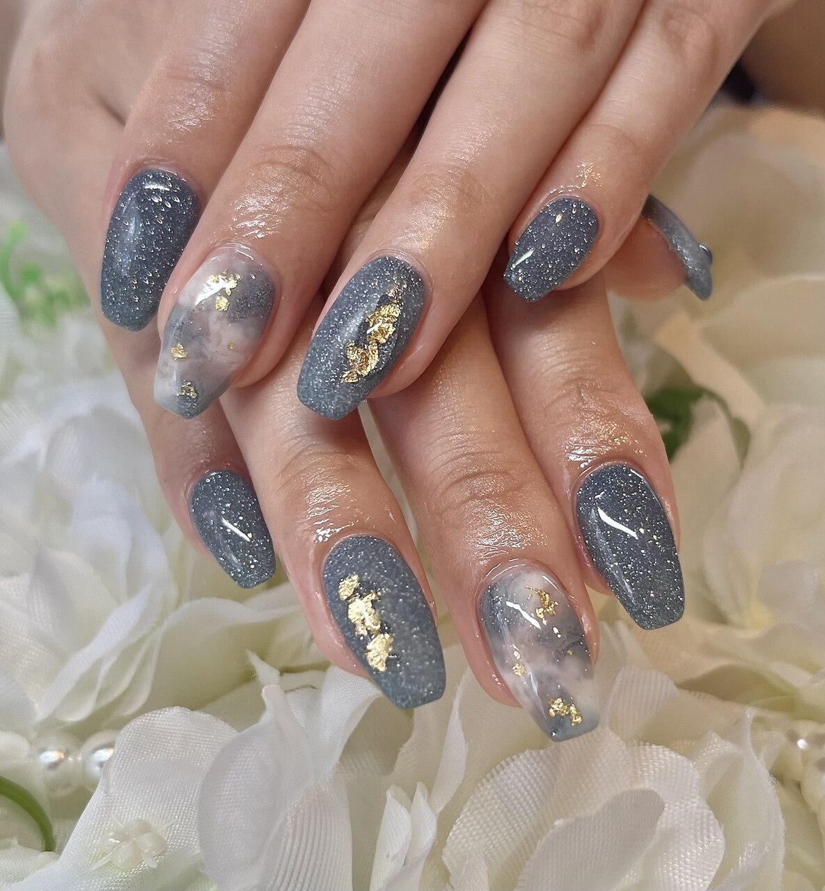 オーダーネイルチップNo.55 カフェラテ風 マーブル ぷっくり