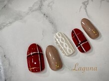 ラグウナ(Laguna)/赤のチェックとニットネイル