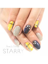 チェック柄　イエロー　ネイビー