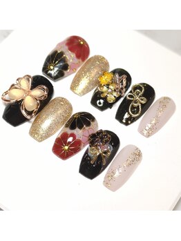 アッシュネイル(Ash nail)/成人式に 漆黒と金箔の和モダン