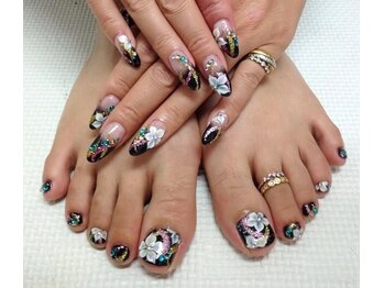 クリアー(clear)/和柄ネイル、黒、３Ｄネイル