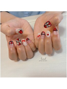 ハヌル(haneul.)/赤チェックリボンキラキラネイル