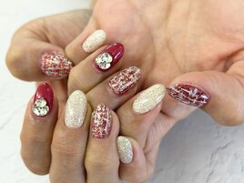 【森】ツイード×ビジューネイル