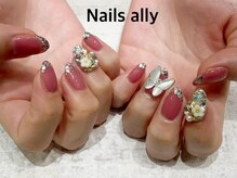 ネイルズアリー 立川店(Nails ally)/ガラスフレンチ×バタフライ×花