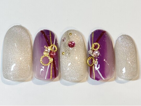 ニュアンスネイルチップ 振袖 浴衣 成人式 ピンク 紫 ラメ 韓国 恋しく 