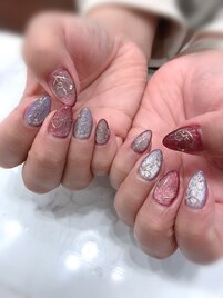 赤/パープル/マグネットネイル