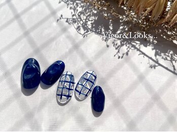 ヴィガー アンド ルックス 白金 目黒(Vigor&Looks)/ブルー 格子柄 ぷっくりネイル