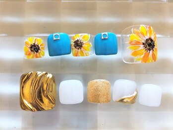 ネイルサロン あかねいろ/夏色　ひまわり　ミラー　フット