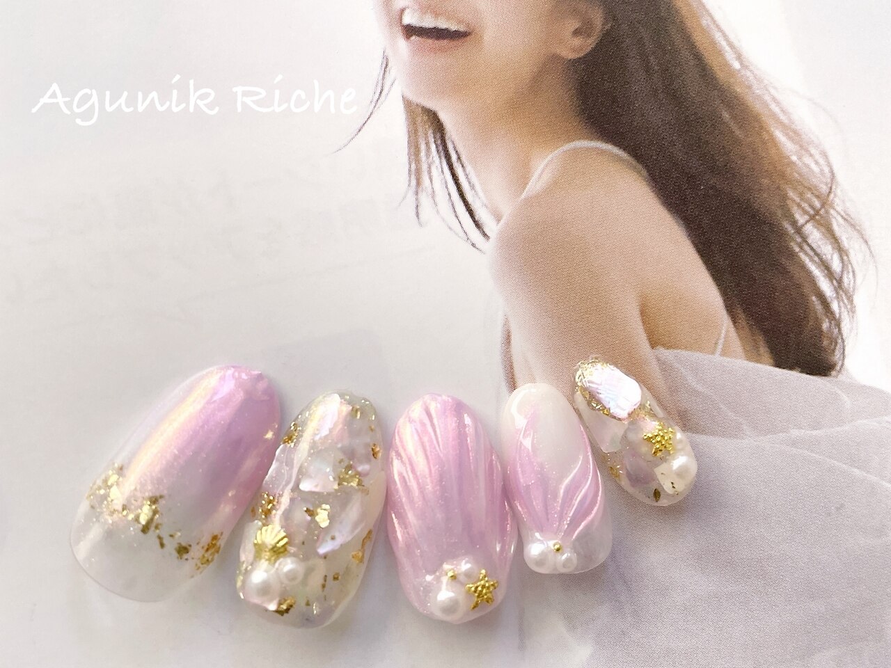 ネイルチップ 夏 海 貝殻 ポップ 黄色 紫 ミラー キラキラ 2024年秋