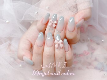 エンジェルネイルサロン(Angel nail salon)/水色グラデーションXリボン追加