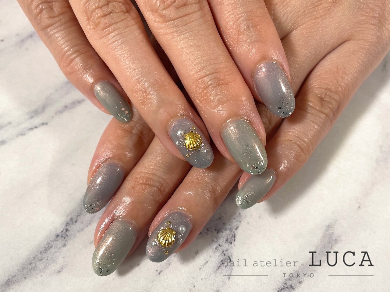 オーダーネイルチップNo.67 夏 海 キラキララメ 貝殻ヒトデパーツ 夏