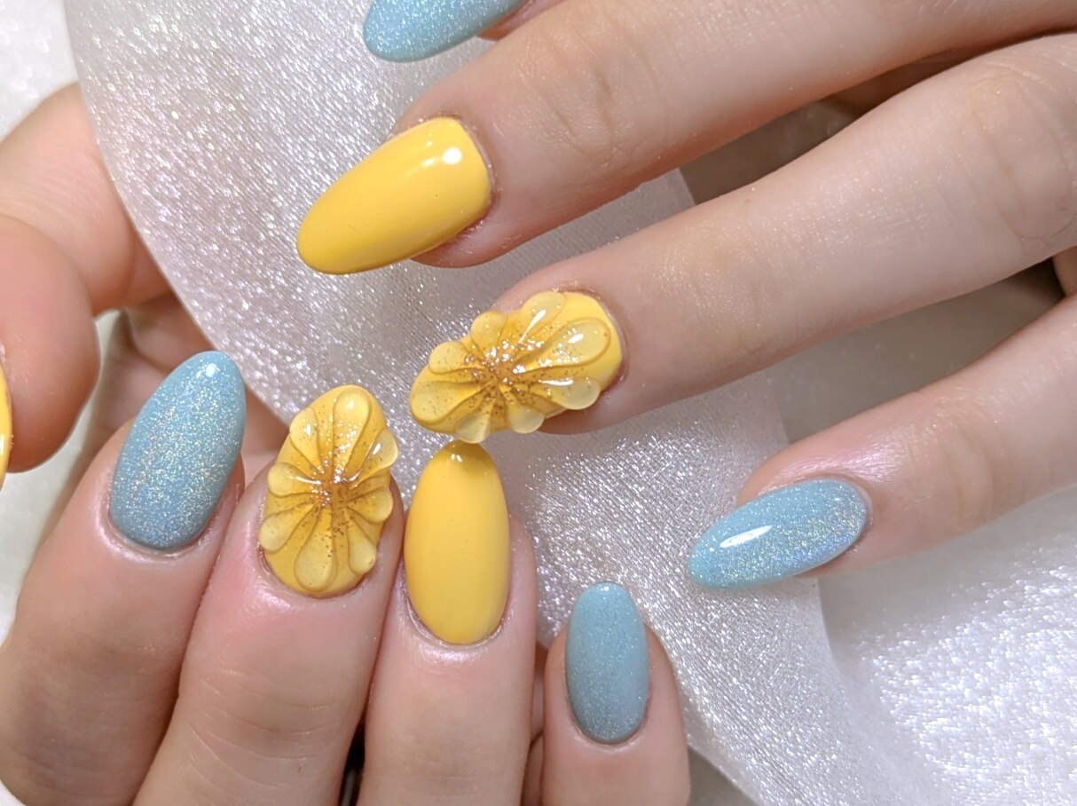 ネイルチップ ぷっくりフラワー ニュアンス マスタード サイズオーダー ネイルチップ No.13 ぷっくりフラワー 黄色 ニュアンス