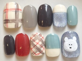 カラ ネイル 中津店(calla nail)/大人チェック×白くま