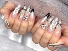 チェックネイル　リボン