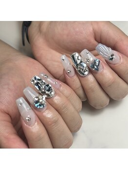 ブルー(Blue)/ビジューネイル／貝殻ネイル