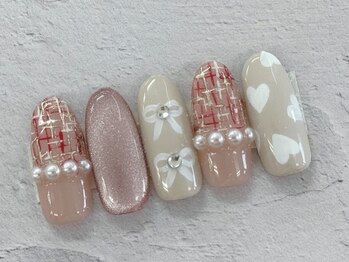 ディーネイル 池袋(D-nail)/【森】ツイード×手描きリボン