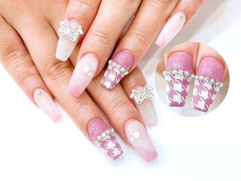 ネイルコレクション ピンク(Nail Collection Pink)/千鳥格子・リボンビジュー