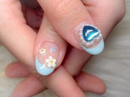 水色フレンチ/ハート/3Dフラワー