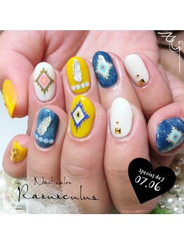 ラナンキュラス(Ranunculus)/デニム☆フェザーNail♪