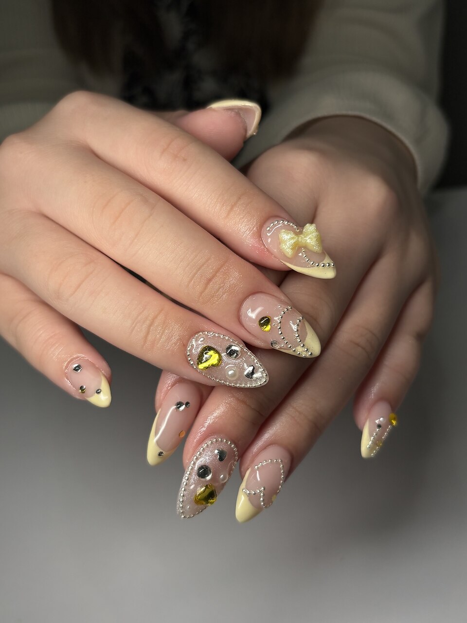 パステルイエロー　ネイルチップ　オーダー　ガラスフレンチ オーダー】ネイルチップ フレンチガーリー 推しネイル パステル