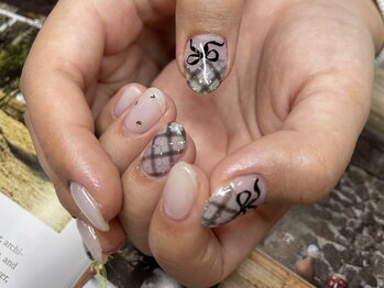 チェック×リボン