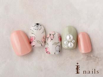 アイネイルズ 横浜EAST店(I-nails)/くすみ手描きフラワーパール