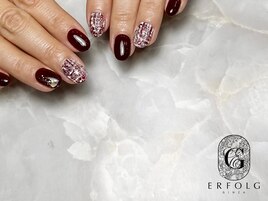 バーガンディ×ツイードネイル