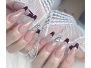 ラメピンク　黒フレンチ