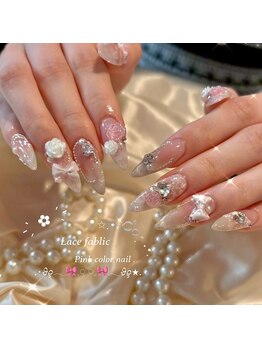 nail salon popo 新宿三丁目2号店　〈韓国ネイル×ワンホンネイル×長さだし〉/レース×リボン　ピンクカラー