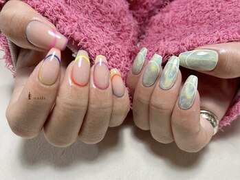 アイネイルズ 渋谷店(I nails)/カラフルアシメ囲みフレンチ