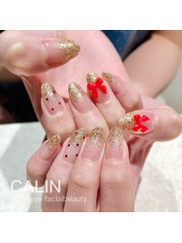 ゴールドグリッター×赤リボン