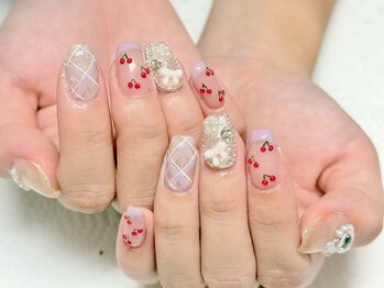 さくらんぼ、チェックネイル