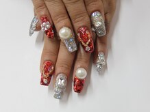 ネイルサロンミキ 横浜(MIKI)/赤＆銀のキラキラスカルプ