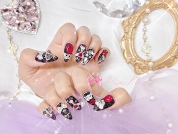 ワンホンネイル 新宿(Rumi Nail)/パーツ付け放題/赤黒/長さだし