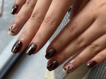 レトネイル レトネイル 大阪梅田(reto nail)/ブラウン/リボン/春ネイル