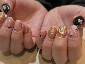 クルネ(QULNE)/手描きお花/ゴールド