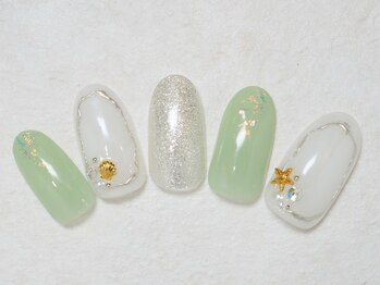 シックネイル(CHIC nail)/ホワイト&グリーン 夏ネイル