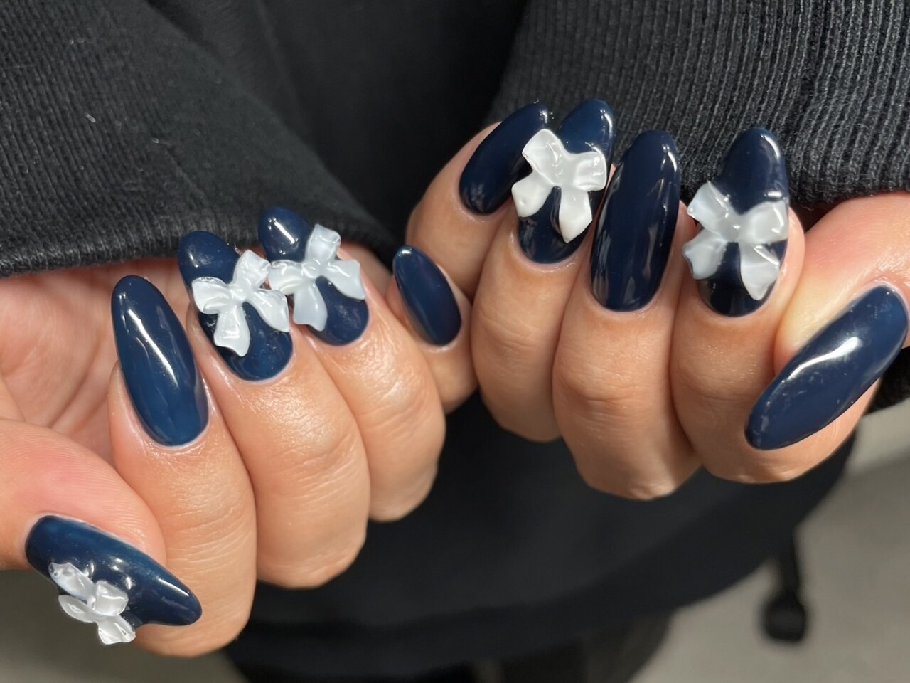 010】ネイルチップ ネイビー リボンネイル 韓国ネイル シンプルネイル