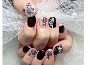 ジェー エス シー ネイル(J.S.C.nail)/手書きアート/薔薇/蝶々/クール