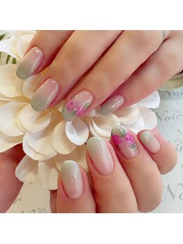ヘアー ユニバース(HAIR UИIVERS)/くすみグリーンラメグラデ+薔薇