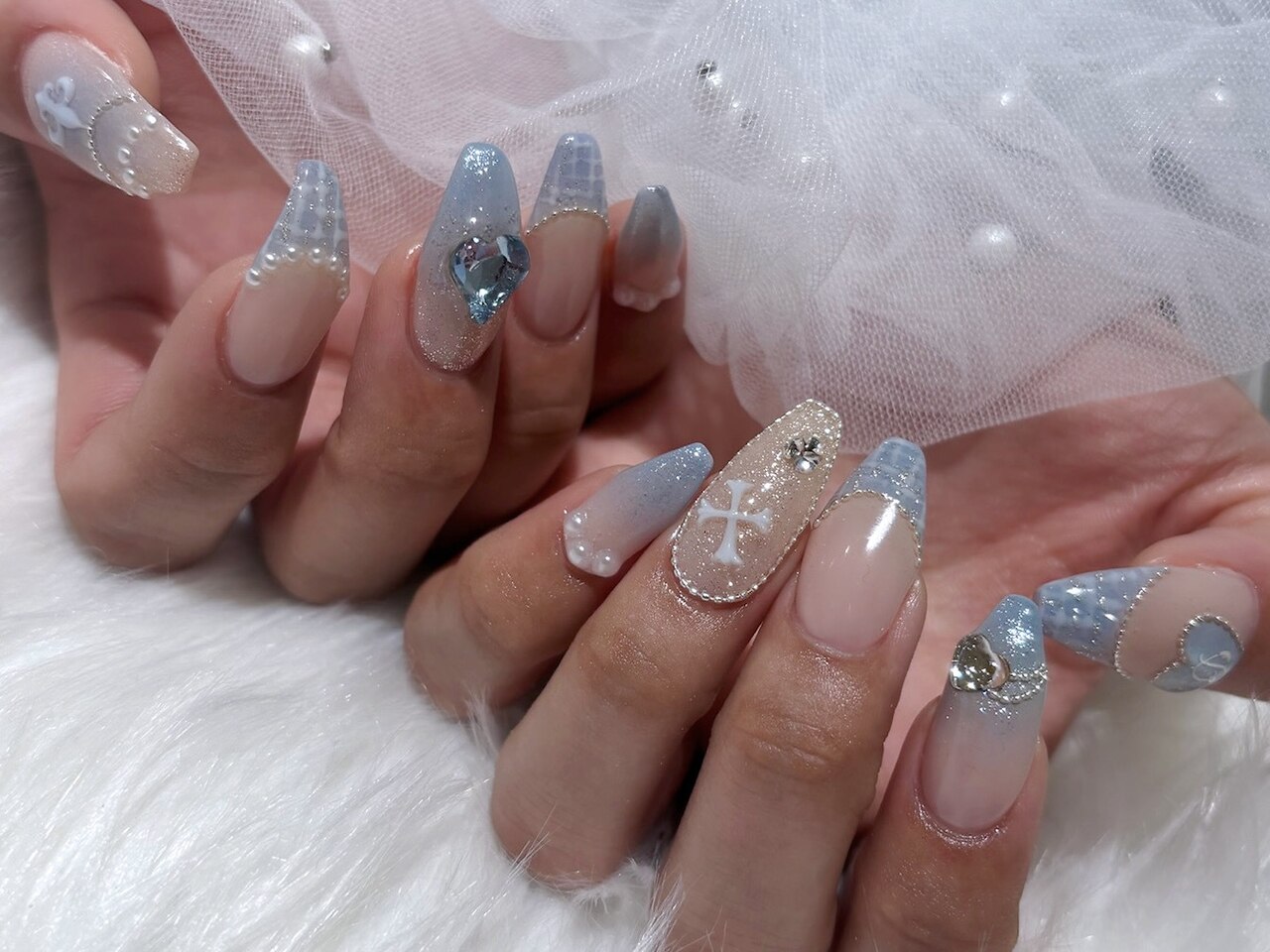 ネイルチップ 量産型 韓国 ワンホン ビジュー 水色 ネイルチップ #84
