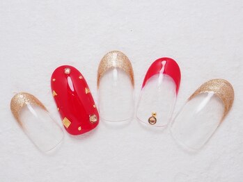 シックネイル(CHIC nail)/ゴールド×赤フレンチ