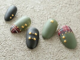 カーキ×チェックnail