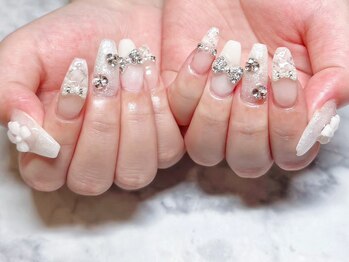 チェックネイル/リボン/ホワイト