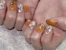 お花　オレンジネイル　